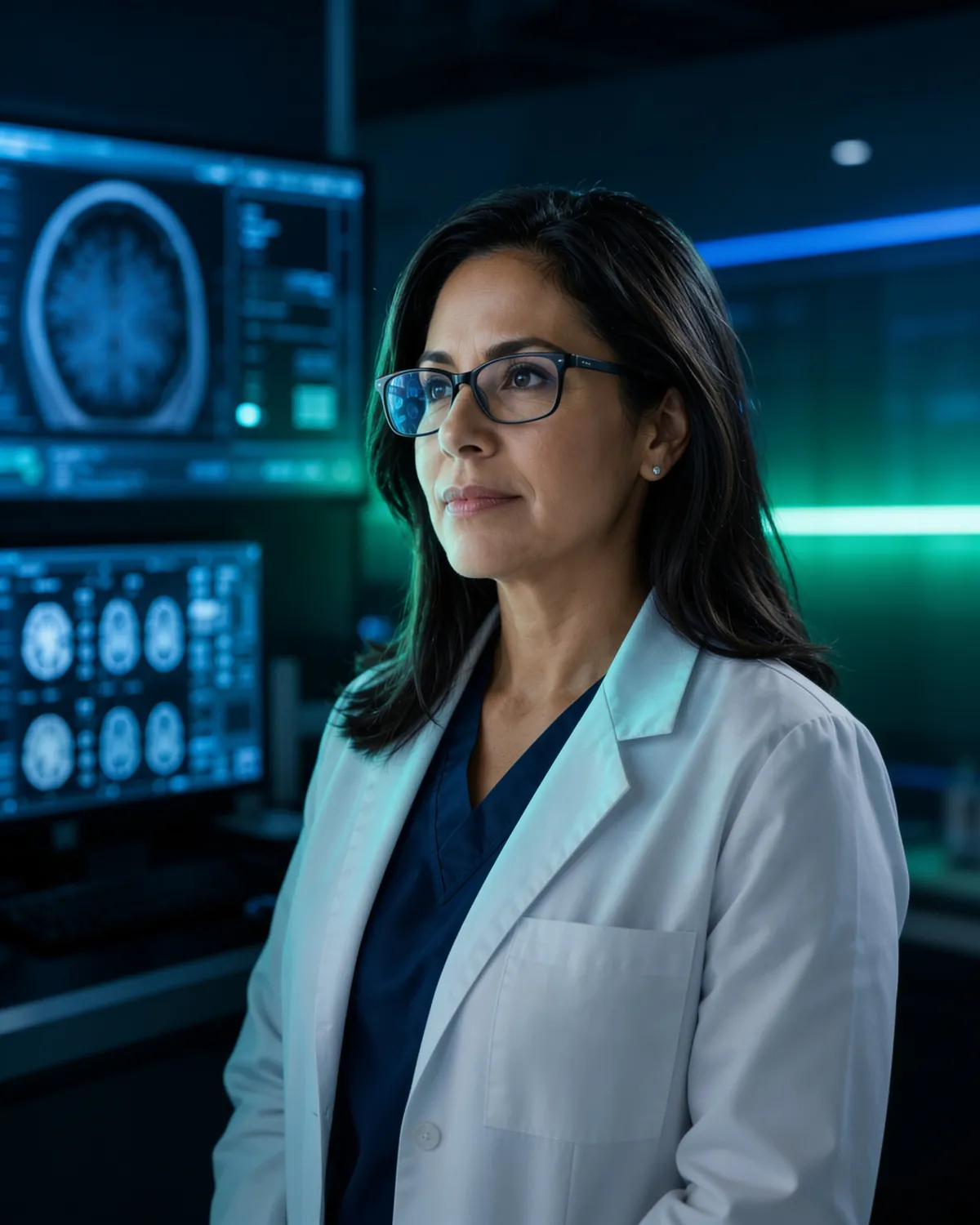Doctora radióloga en entorno clínico de alta tecnología